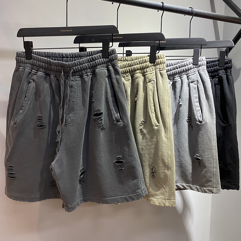 Kanye Kanye European and American High Street Washed Trendy Brand Distressed Ripped Shorts Loose Sports Casual Hip-Hop Five-Point Shorts