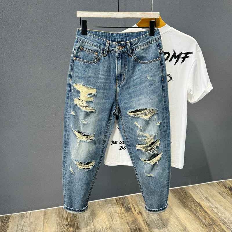 Trendy Brand Ripped Patch Jeans That I Want to Wear When I'M a Bad Girl, Like the Same Style as Edison Chen, Cropped Jeans for Men, Dad Jeans