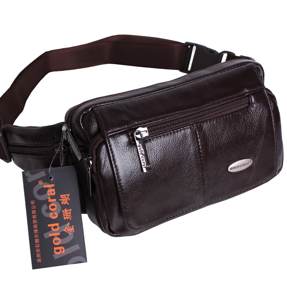 Gold Coral Head Layer Cow Leather Pocket Men's Purse Outdoor Leisure Korean Version Sports Purse Tide Genuine Leather Waist Man Bag