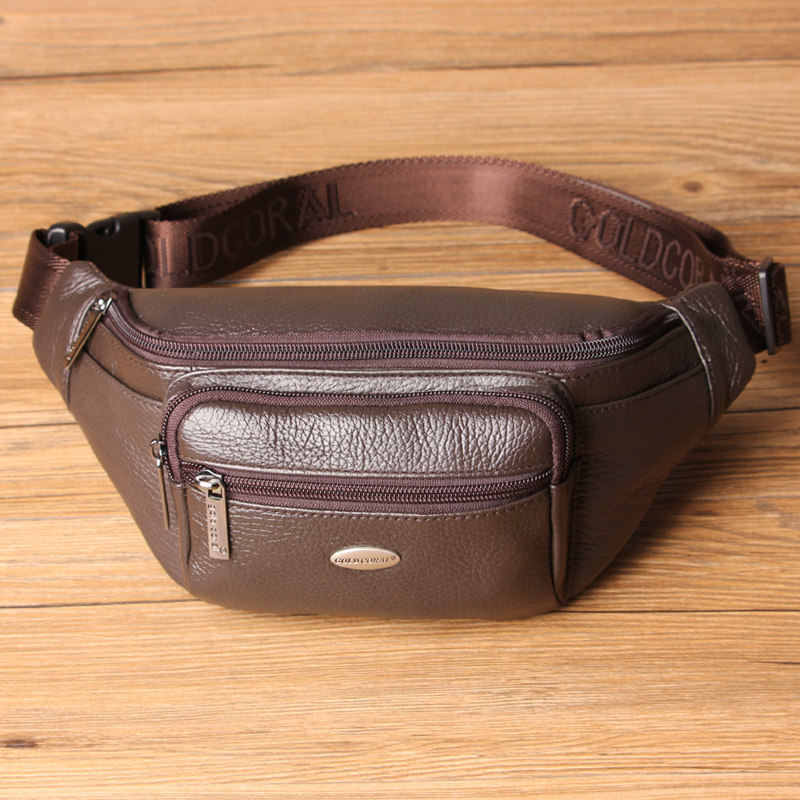 Golden coral men's fanny pack 2021 new fanny pack leather men's chest bag first layer cowhide leisure sports bag tide men's bag