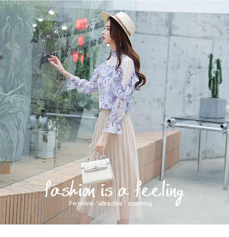 Mùa thu 2019 mới sen lá ren gạc khâu áo sơ mi hoa voan siêu cổ dài tay áo chạm đáy - Áo sơ mi chiffon ren mẫu áo sơ mi nữ cổ tròn đẹp