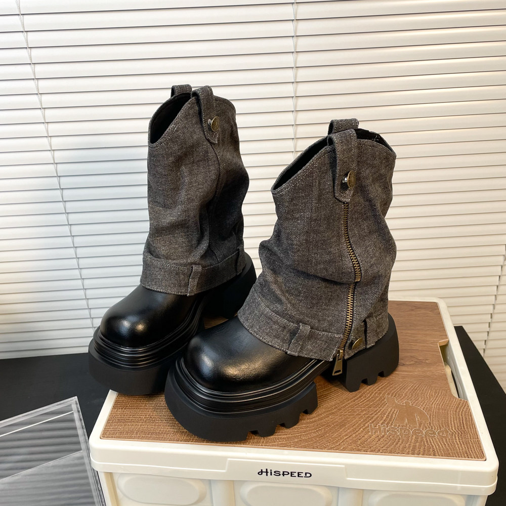 欧洲站2025春新款西部牛仔靴女厚底增高短筒裤管靴复古做旧马丁靴