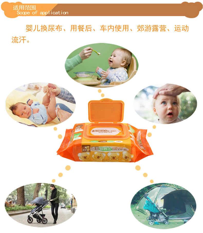 Xiduo Nước siêu tinh khiết Khăn lau trẻ em được phủ 80 lần bơm * 5 gói Khăn lau ướt Khăn lau sơ sinh Khăn lau dày - Khăn ướt giấy ướt an toàn cho bé