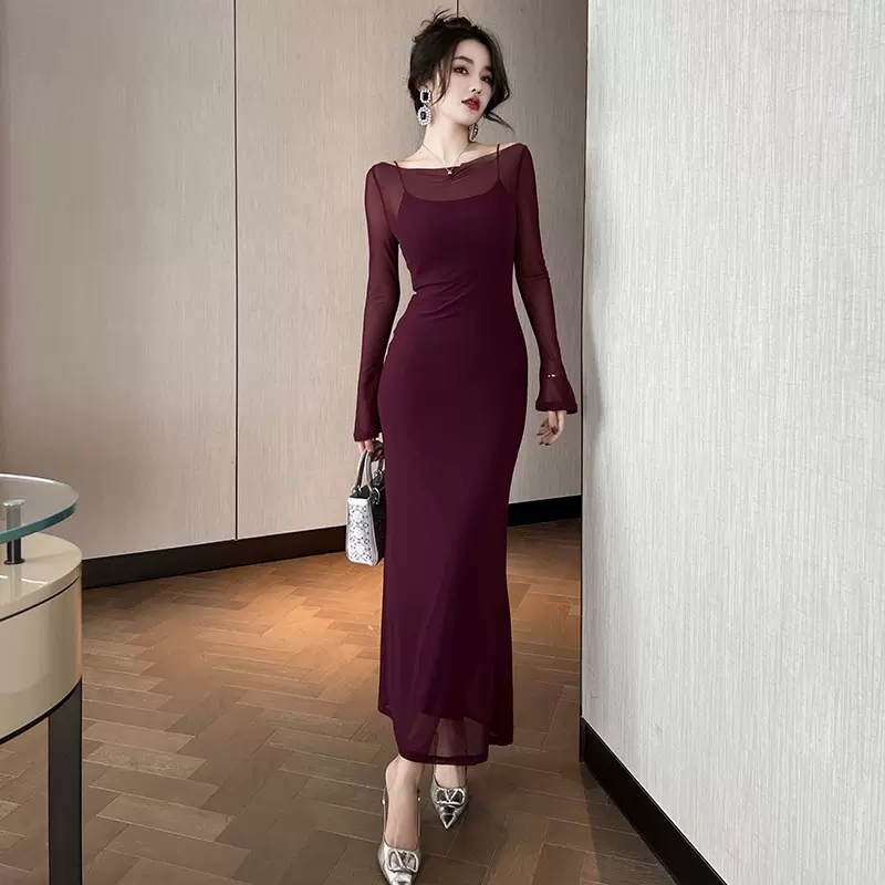 French Hepburn Style Sexy Suspender Mesh Dress Two-Piece Set for Women, Autumn Outfit, Purple Slim-Fitting Hip-Hugging Long Skirt