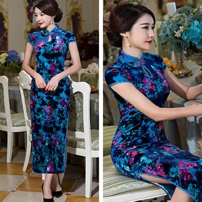 Special offer Suzhou cheongsam velvet long version Elegant and dignified high slit rotten velvet slim three-point sleeve short sleeve medium and long version