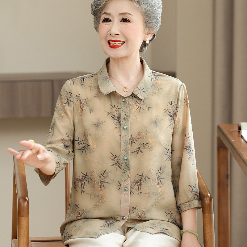 Middle-Aged and Elderly Women's Summer Clothing New Loose Chiffon Cardigan Grandma's Lapel Three-Quarter Sleeve Thin Shirt