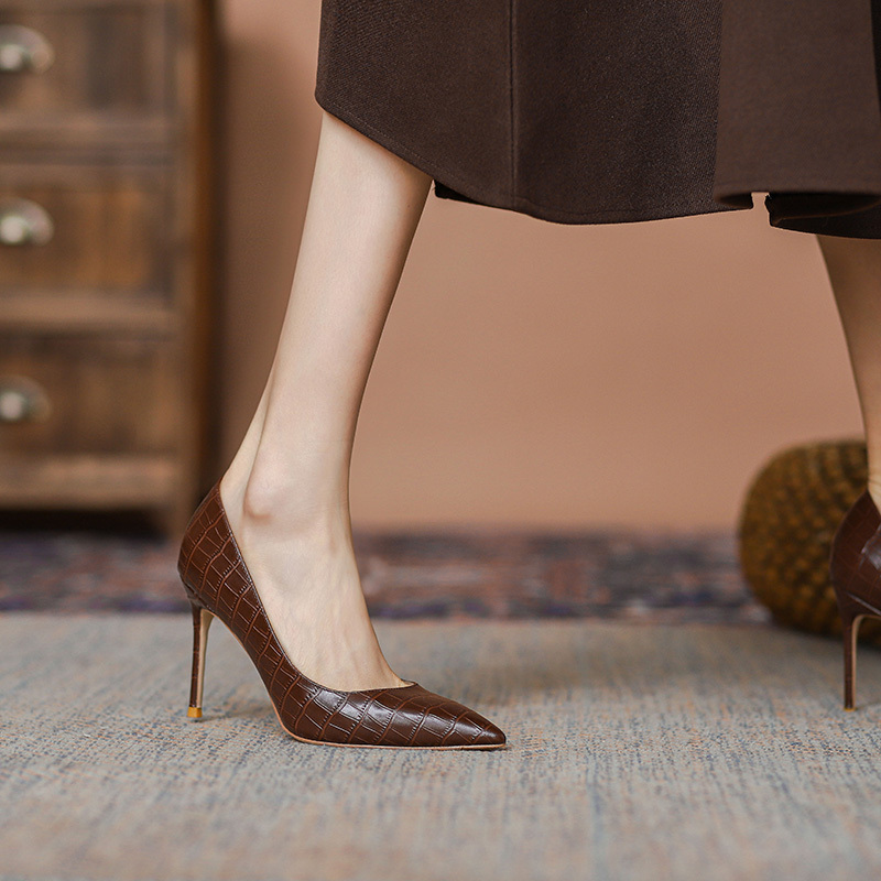 Feiyan 2023 Spring/Summer New Brown Comfortable High Heels, Stiletto Heel, Elegant Design, Genuine Leather Handmade Women's Shoes
