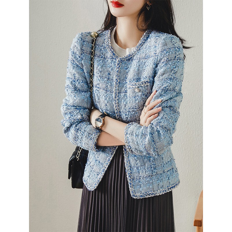 French-Style High-End Blue Tweed Jacket for Women, New Spring and Autumn Model, Elegant Socialite Short Coat with Added Cotton French-Style High-End Blue Tweed Jacket for Women, New Spring and Autumn Model, Elegant Socialite Short Coat with Added Cotton