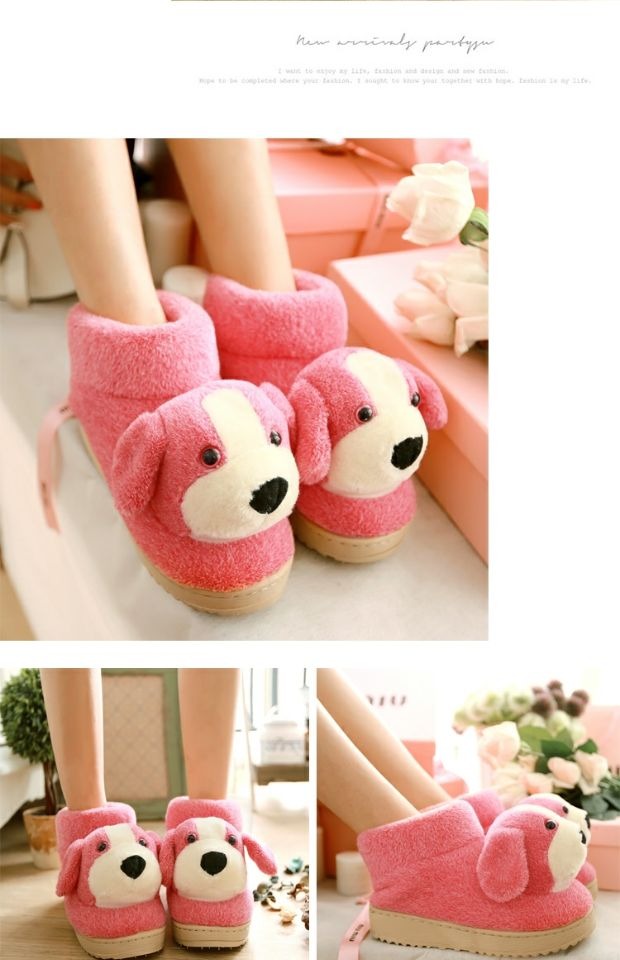 Mùa đông dày ấm áp phim hoạt hình con chó bông dép phụ nữ với sự giúp đỡ cao sandal nữ đi học