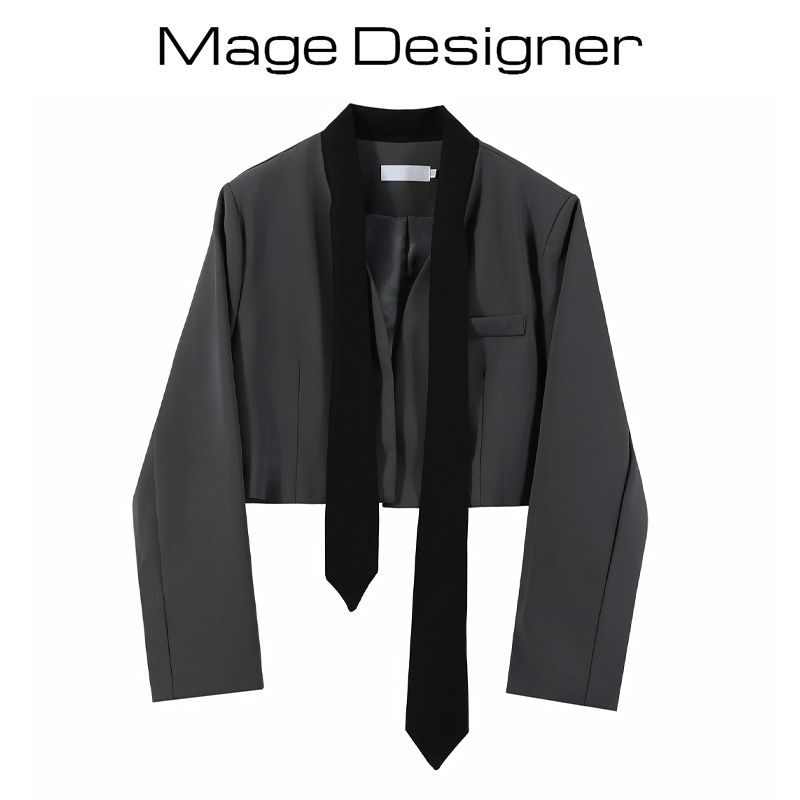 High-End Gray Short Blazer for Women, Spring and Autumn, Loose Casual Versatile Niche Style with Contrasting Tie, Elegant Suit