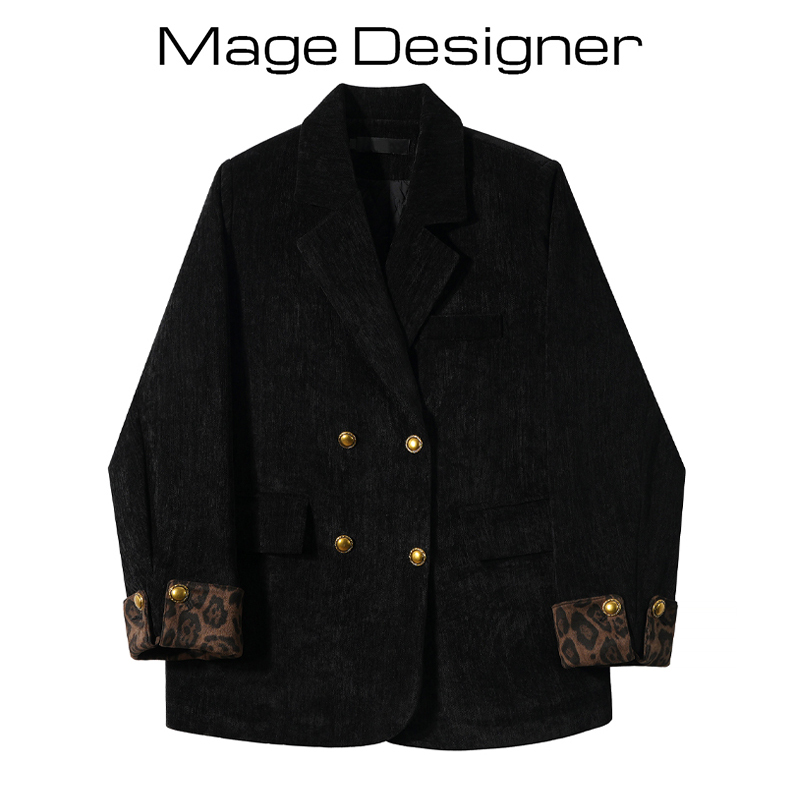 Black Chenille Quilted Thickened Blazer for Women, Winter Loose Fit, Slimming, Elegant Leopard Print Patchwork Suit Jacket