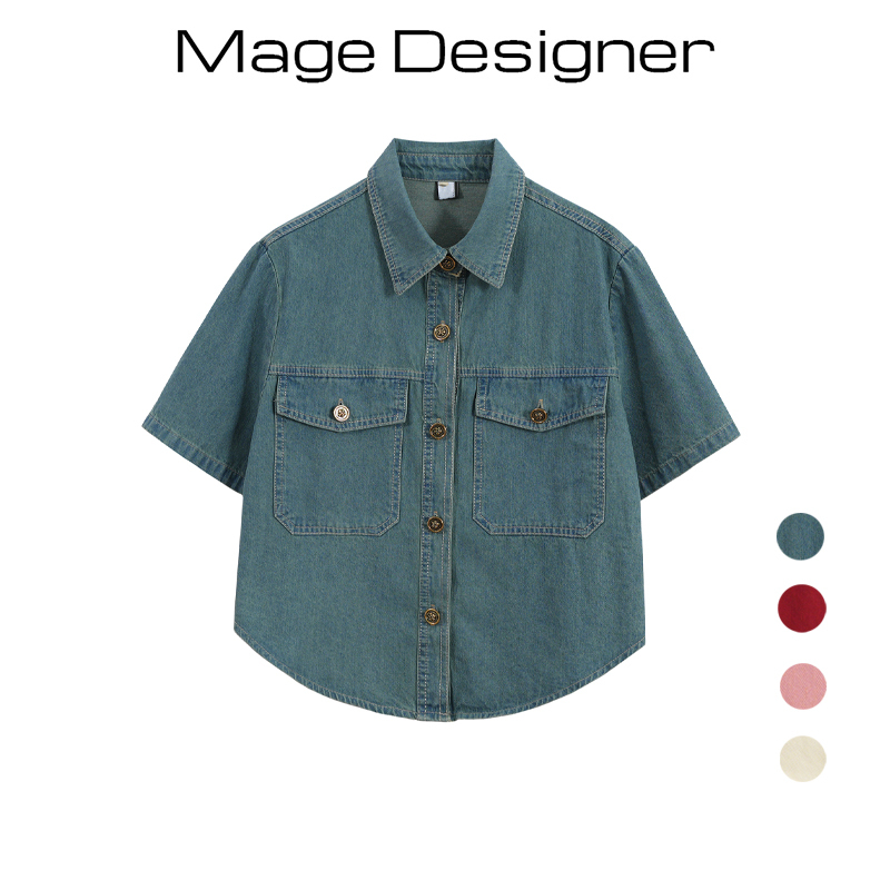 Denim Retro Short-Sleeved Shirt Women's Jacket 2023 Summer Korean Style Fashion Hong Kong Style Lapel Short Design Top