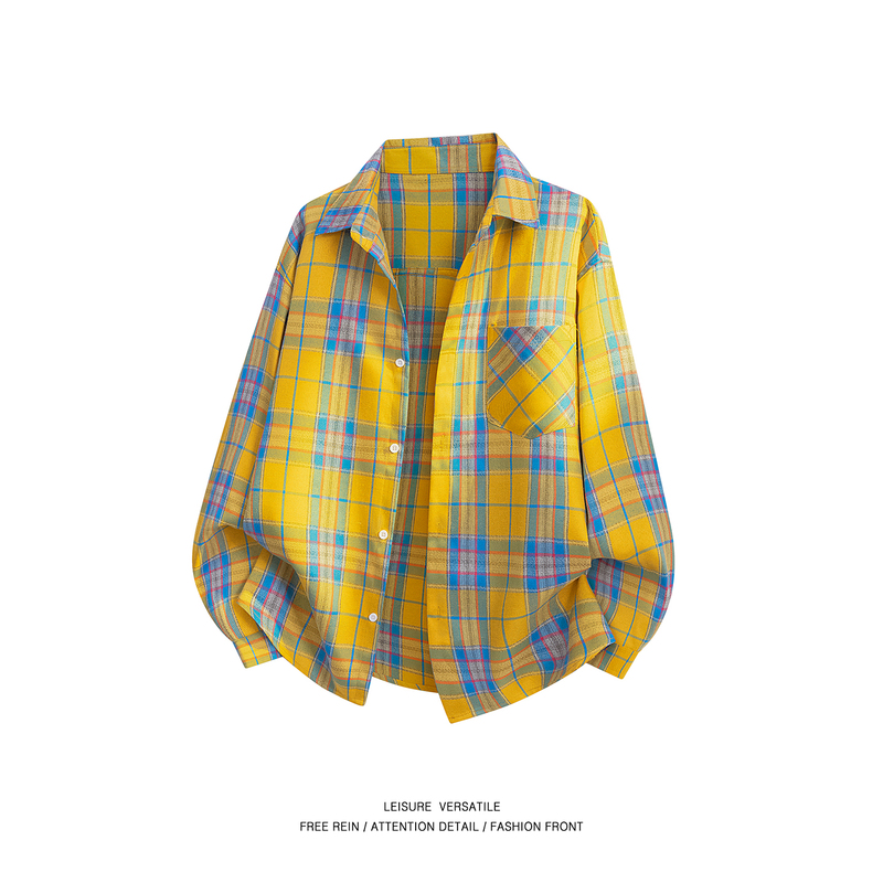 Puning Export Dopamine Yellow Plaid Shirt for Men, Autumn Loose Casual Lazy Style Versatile Jacket Trendy