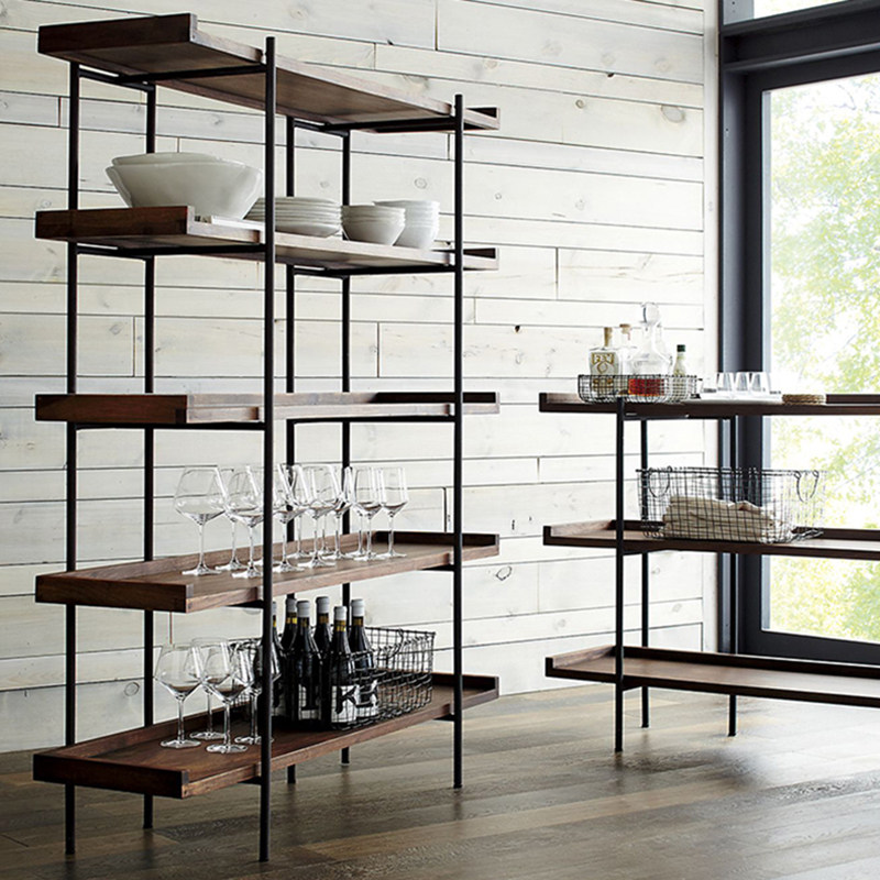 Nordic light luxury bookshelf wrought iron rack floor-to-ceiling storage shelf living room solid wood cabinet multi-layer partition display rack