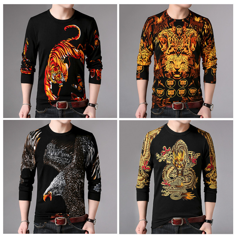 Men's Autum Fancy Long-Sleeved Knitted Bottoming Shirt, Creative Stylish Animal Pattern Printed Fashion Sweater Trend