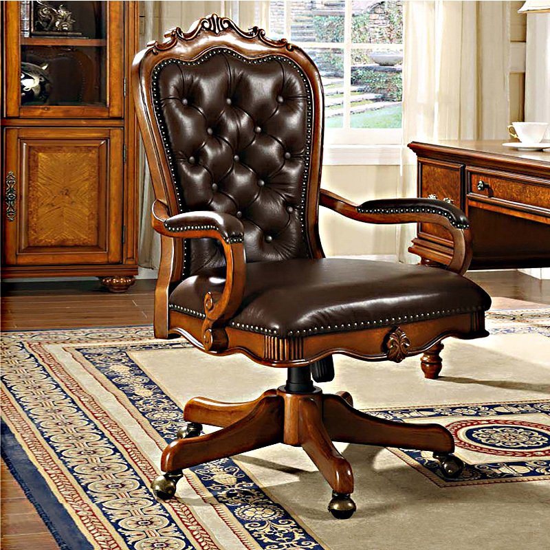 American-Style Genuine Leather Executive Chair, Vintage Carved Solid Wood Swivel Chair, European-Style Computer Chair, Home Office Adjustable Chair, Streamer Chair