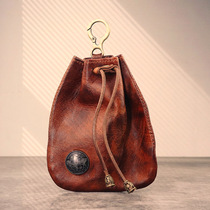 2021 new creative Japanese style coin purse drawstring mens vintage handmade tanning leather tanned leather shredded silver bag tide