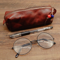 New first layer cowhide tanned leather handmade pencils large capacity storage bag for men and women glasses bag