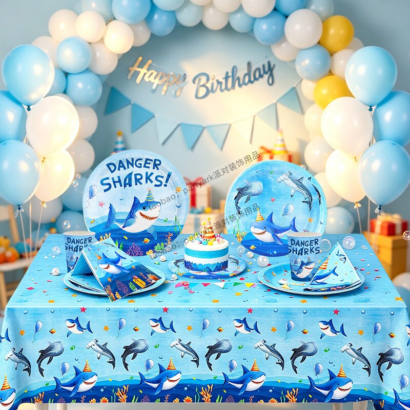 Shark-Themed Birthday Party Supplies Set Tablecloth Paper Plates Cups Birthday Cake Decoration Atmosphere Setup