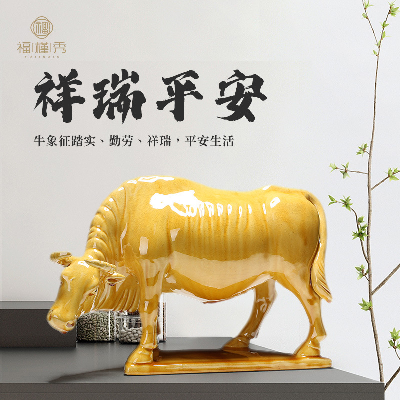 Ceramic Cow Bending down to Drink Water, Cow Figurine, Home Decoration, Buffalo Craft, Zodiac Ox, Yellow Ox, Opening Gift