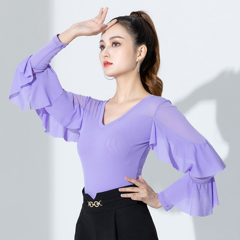 Morden Dance Blouse Women's New National Standard Dance Latin Dance Interdance Waltz Lotus Leaf Long Sleeve One-piece Dress Practice-Taobao
