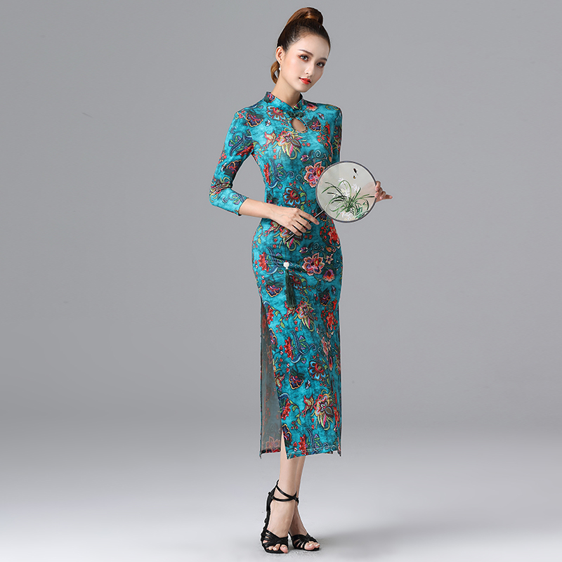 Performance Dance Qipao Costume Dancing Exclusive 2021 New Ice Silk Elastic Body for Multi-Emotional Variety Latin Dancer