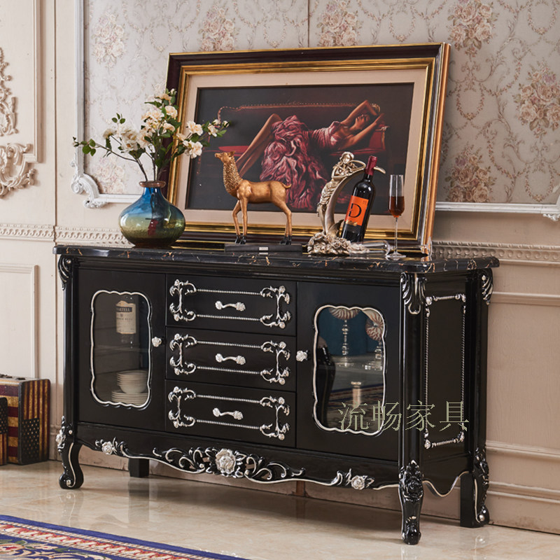 Eurostyle solid wood sculpted floral in black sandalwood Marble Countertop Dining Cabinet Sitting Room Wine Cabinet Tea Water Cabinet