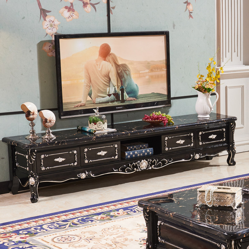 European-style coffee table TV cabinet combination small apartment living room solid wood oak carved marble American style whole package ebony color