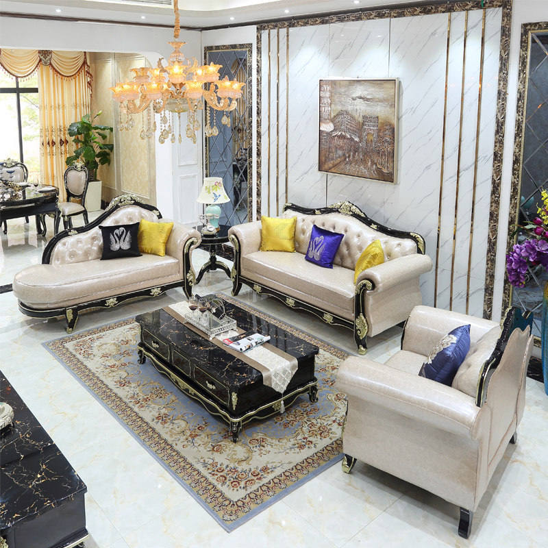 European-style leather sofa 123 combination neoclassical luxury small apartment living room solid wood carved ebony painted gold and silver