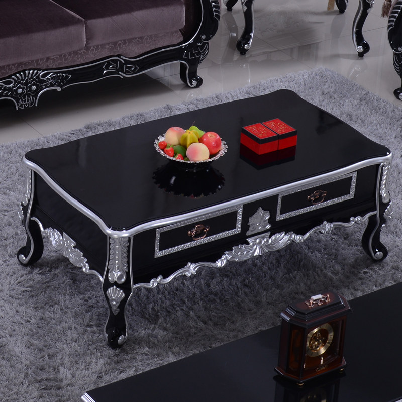European-style coffee table TV cabinet combination black neoclassical solid wood carved small apartment type living room tea table rectangular oak