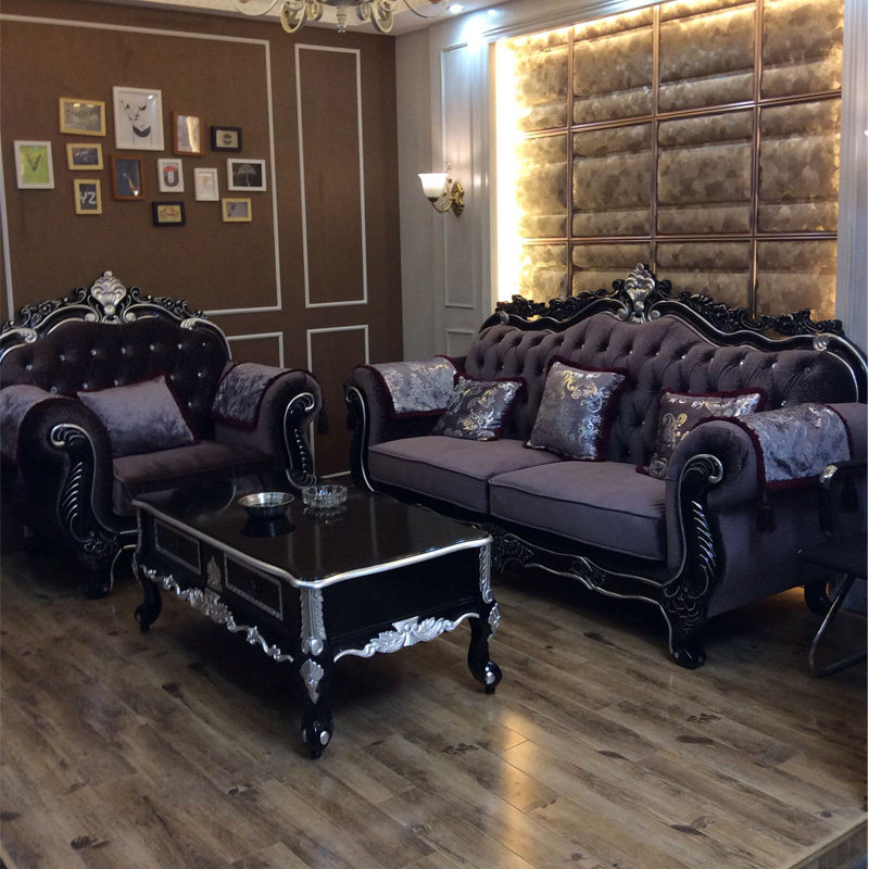 Fabric European-style sofa combination 123 luxury single black solid wood carved living room furniture complete new classical