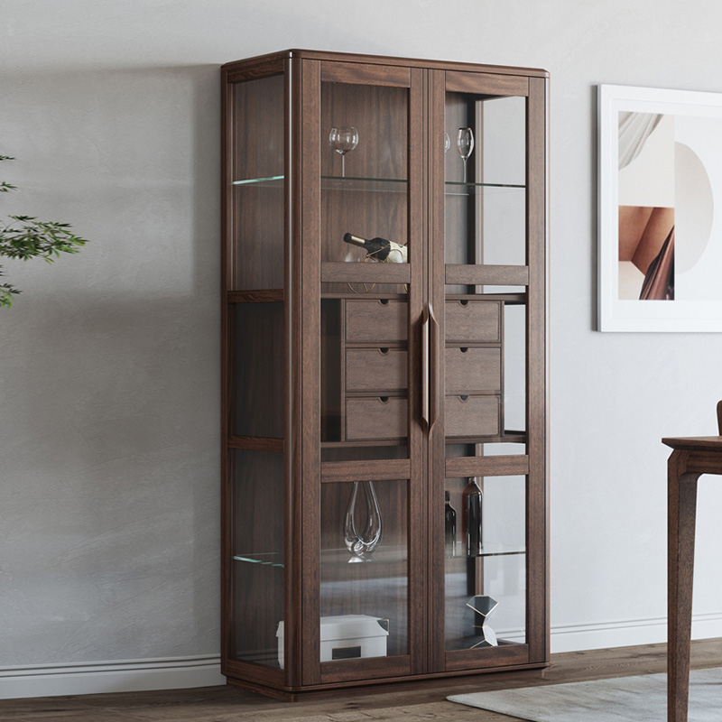 Hupeach Wood Solid Wood Wine Cabinet Modern Minima Living Room Double Door Integrated By Wall Holding Cabinet Multifunction Indoor Containing Cabinet