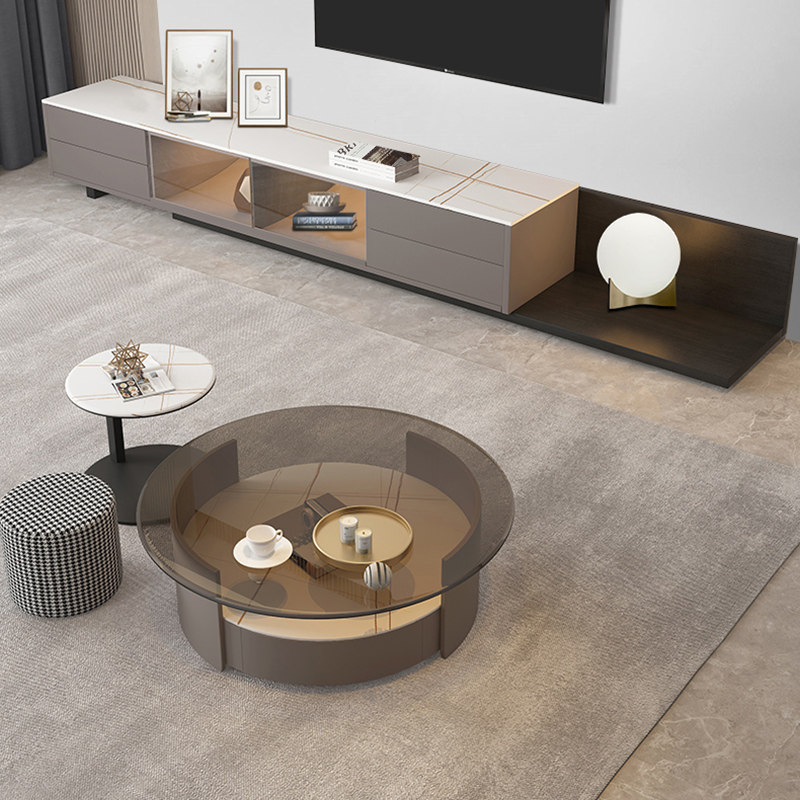 Light extravagant rock plate tea table TV combination minimalist modern wind Home small family Round Tea Table TV Cabinet Furniture