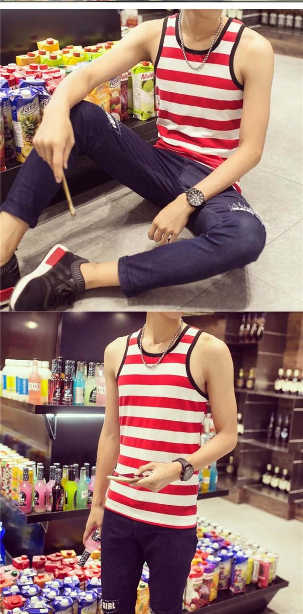 Chất liệu cotton thoáng khí Áo len sọc trắng đen sọc xanh nam co giãn bó sát thể thao thấm hút mồ hôi mùa hè áo ba lỗ nam form rộng