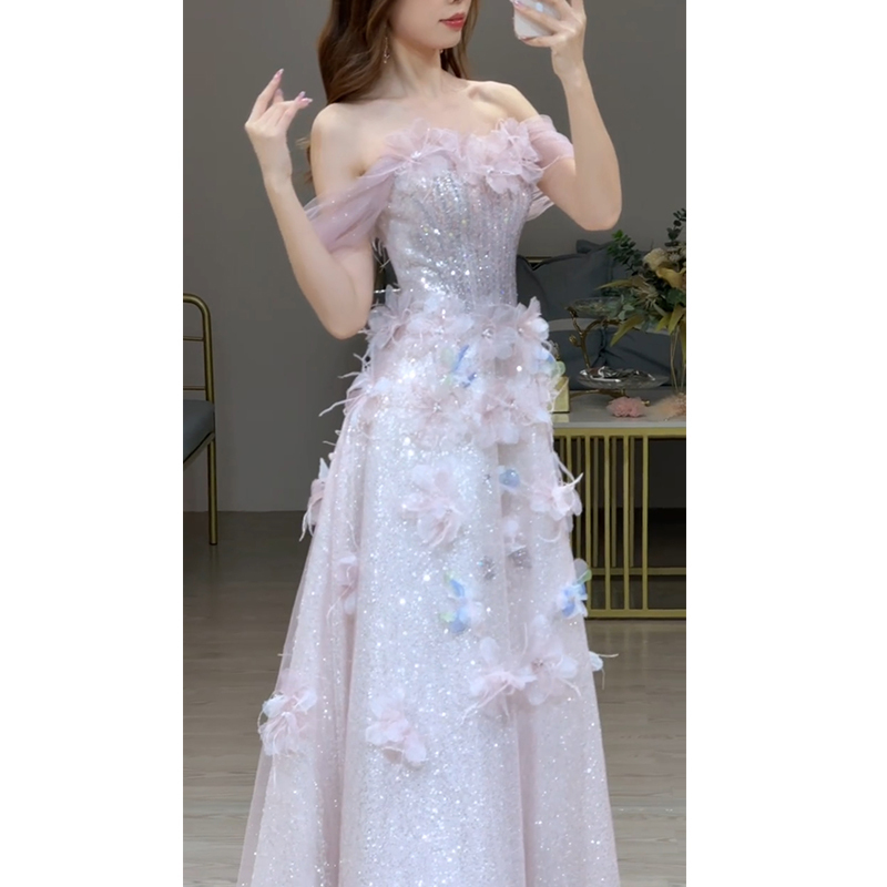 Stunning Off-The-Shoulder Floral Evening Dress, High-End Light Luxury Niche, 18-Year-Old Coming-Of-Age Ceremony, Vocal Arts Exam Performance Princess Dress