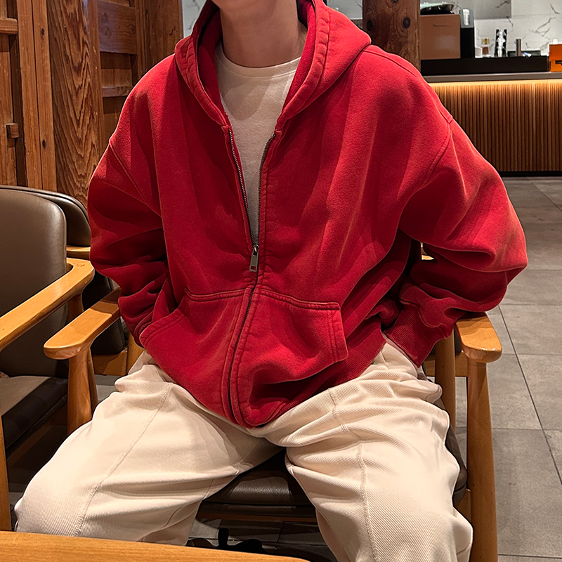 Red Cardigan Sweatshirt for Men with Hood, 2026 New Spring and Autumn American Style Trendy Brand Zipper Jacket, Heavy-Duty Men's Set