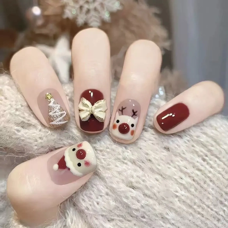 New Hand-Painted Christmas-Themed Nail Art with Reindeer, Bells, Nude Bow, Christmas Tree Bow, Short Ladder Style Press-On Nails New Hand-Painted Christmas-Themed Nail Art with Reindeer, Bells, Nude Bow, Christmas Tree Bow, Short Ladder Style Press-On Nails