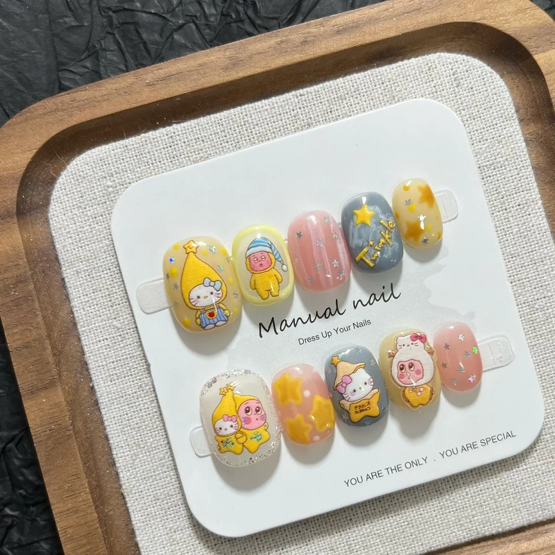 Springtime Childlike Cartoon Star-Shaped Kt Cat Hand-Painted Star Polka Dot Fine Glitter Jelly Pink Sweet and Cute Press-On Nails