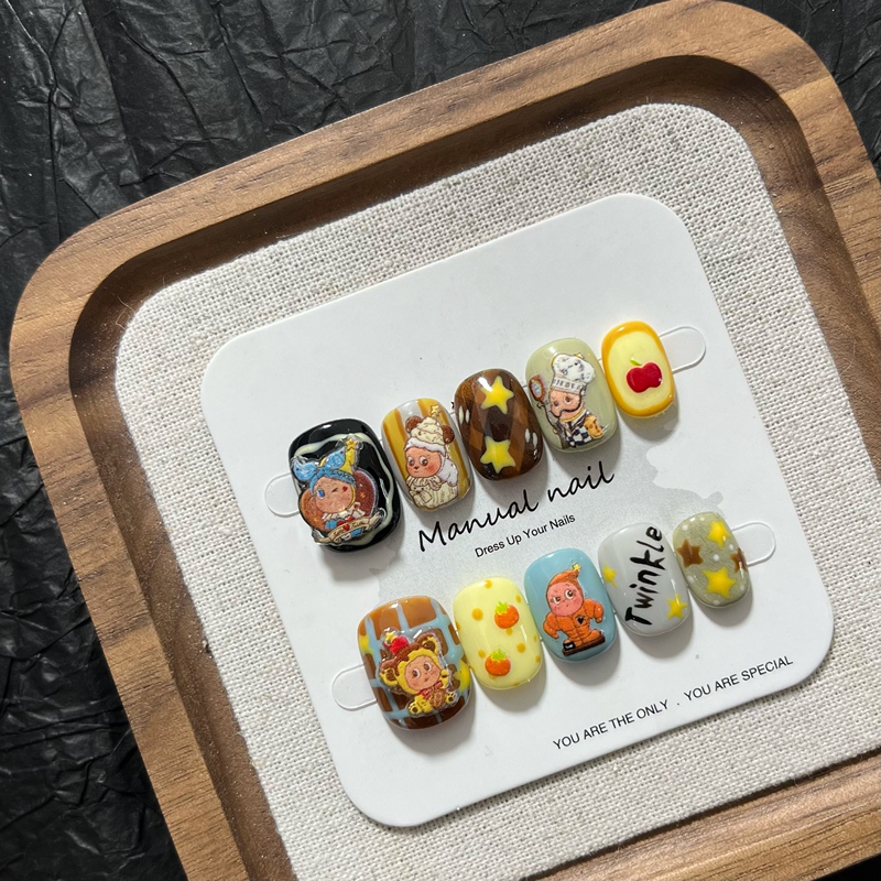Cute Cartoon Bubble Mart Star Man 3D Yellow and Black Contrasting Color Sweet Cool Asymmetrical Brightening Short Round Press-On Nails Cute Cartoon Bubble Mart Star Man 3D Yellow and Black Contrasting Color Sweet Cool Asymmetrical Brightening Short Round Press-On Nails
