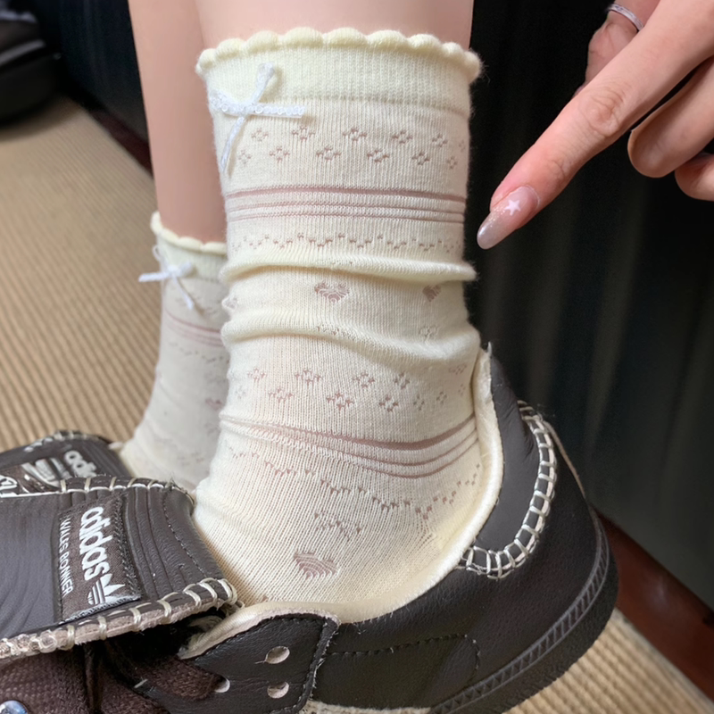 Fair Isle Sweet Cream Korean Style Spring and Summer Bowknot Heart Hollow Seamless Ultra-Thin Breathable Slouchy Mid-Calf Socks