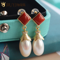 Natural Baroque pearl earrings retro harbor style nostalgic temperament Diamond natural South red earrings female temperament long