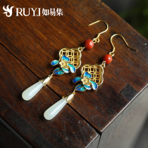 Hetian jade earrings temperament long classical Hanfu cheongsam accessories Magnolia 925 sterling silver burnt blue earrings