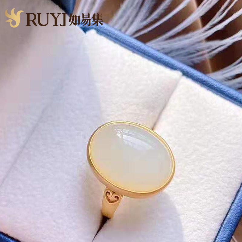 Natural and field jade Egg Noodles Ring Women Ins Tide Retro Ruyi Xiang Cloud opening index finger ring silver adjustable simple