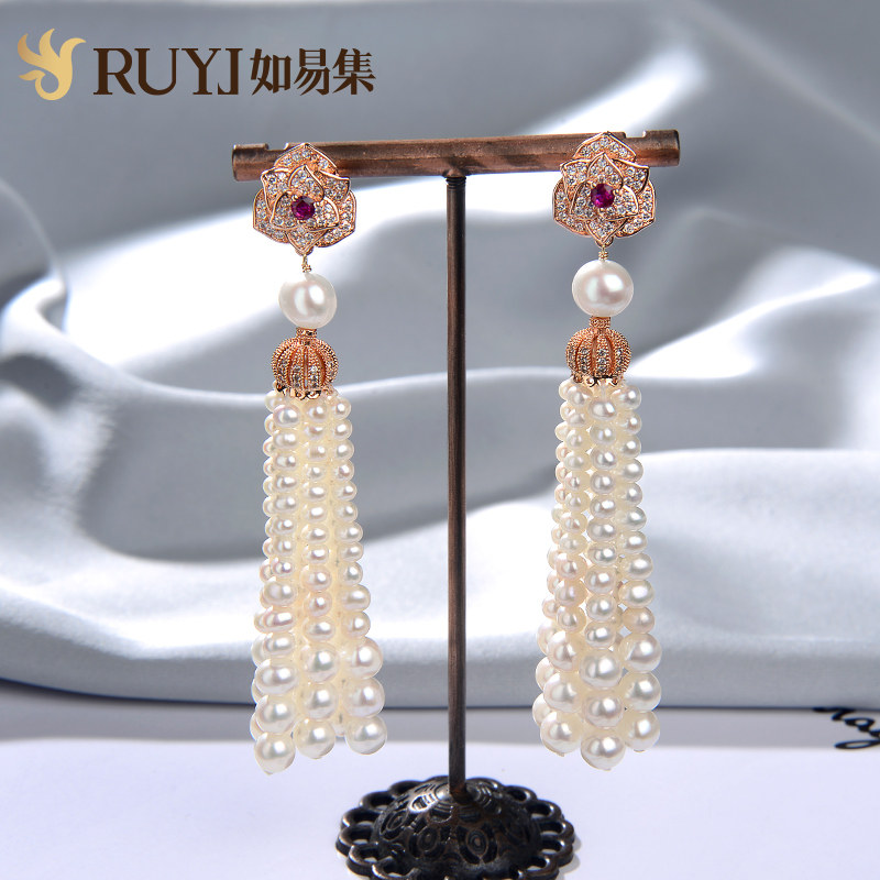 Natural Pearl Earrings Pendant Female Stars Same long version Earrings Femininity Goddess Fan Elegant Mountain Tea Flower Flow Suear Accessories