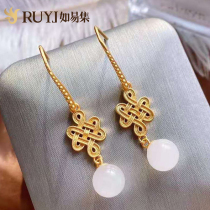 Natural Hetian jade earrings female sterling silver Chinese knots Chinese style ear jewelry antique retro long earrings female