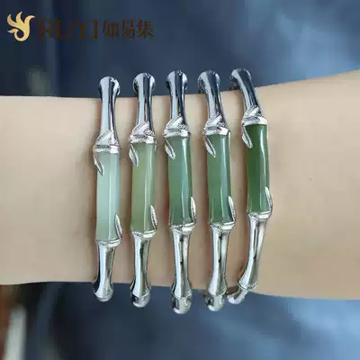 Bamboo bracelet 925 sterling silver bracelet opening to send mother retro Chinese style Hetian jade bracelet female jade bracelet