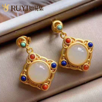 Natural Hetian jade earrings 925 sterling silver vintage Forbidden City earrings on new Chinese style national style classical earrings