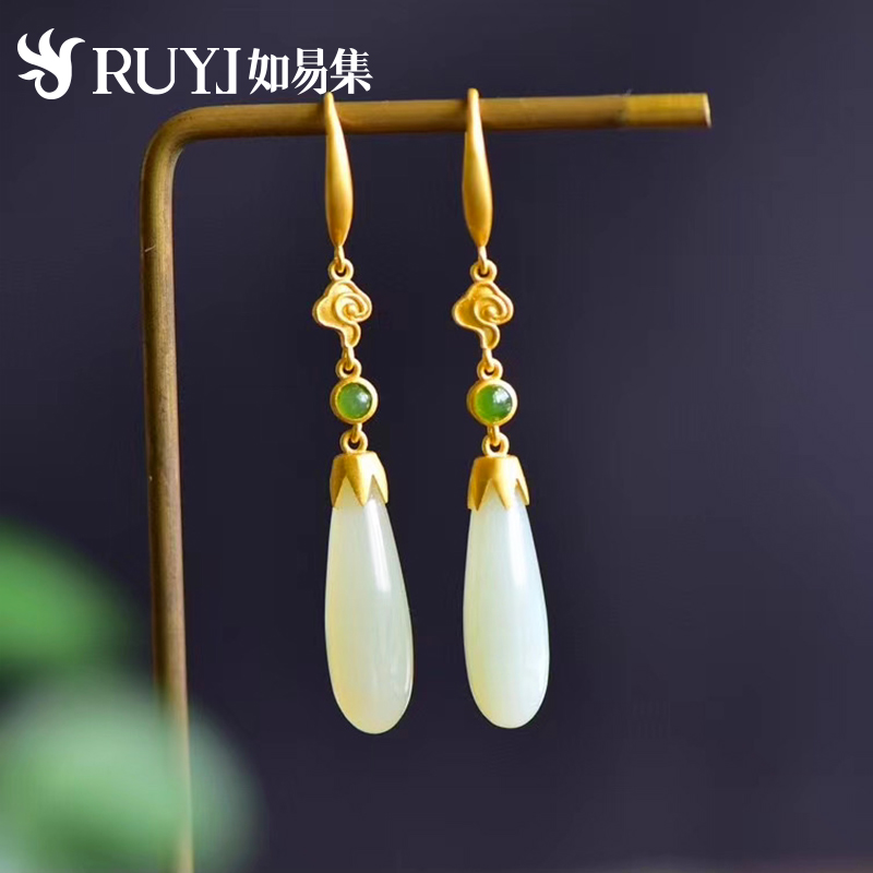 Drop-shaped and field jade earrings Fairy Gassen Ensemble Superfairy Sweet retro Earrings Classical China Wind Ear Hook Earrings Earrings Earrings