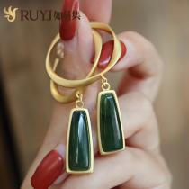 Green circle earrings retro green circle natural Hetian Jade Jasper earrings female temperament long sterling silver earrings female
