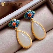 Natural Hetian jade drop earrings female retro Chinese style earrings long sterling silver gilt gold burnt blue earrings female